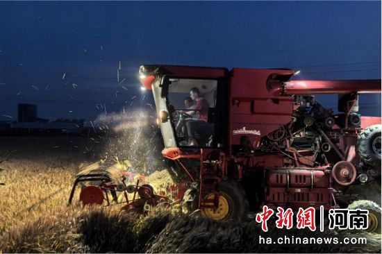 图为收割机夜间抢收夏粮。新野县委网信办供图 图为收割机夜间抢收夏粮。新野县委网信办供图